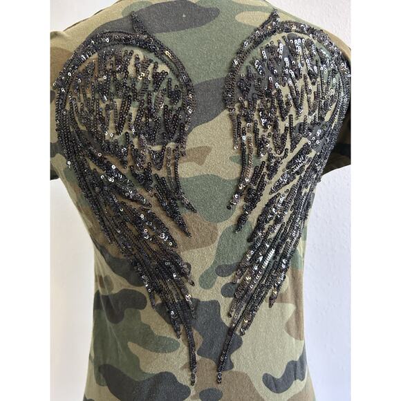 Y2K GUESS Women's Angel Wings VTG Sequins T Tee Shirt Camouflage Grunge Fairy S - Picture 2 of 11